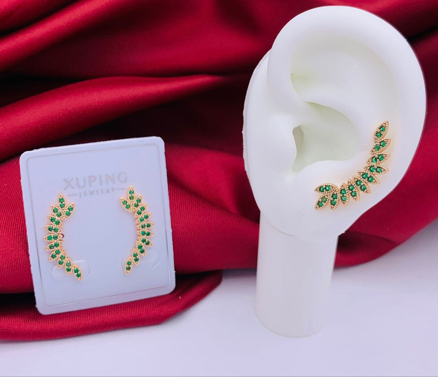 Earcuff Doble Alas Rosado Piedra Verde